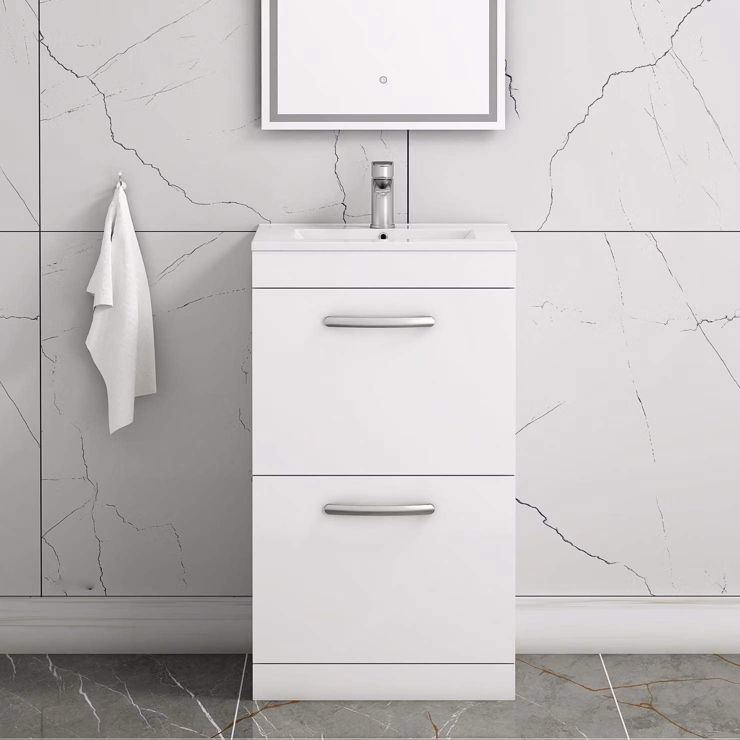 Royal Bathrooms Turin 500mm Floor Standing Gloss White 2 Drawer Minimalist Basin Vanity Unit