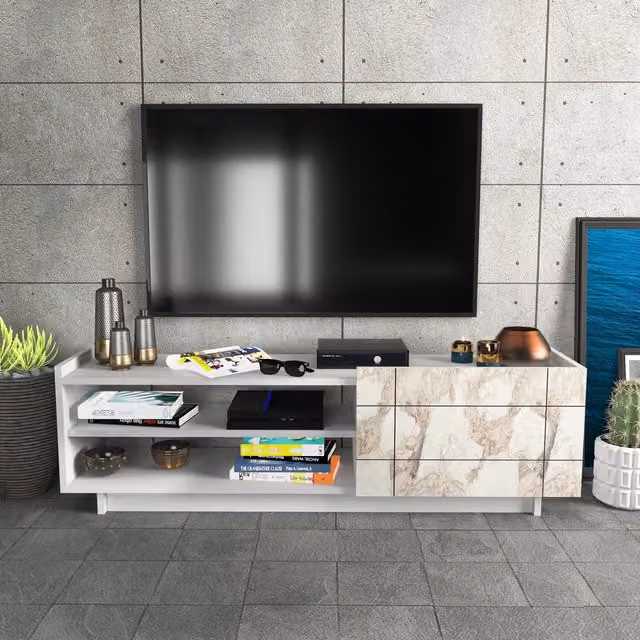 Decorotika Valantina TV Unit with Shelves in White Marble Effect