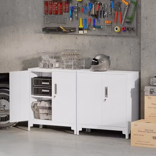 HOMCOM Lockable Metal Filing Cabinet with 2-Tier Storage and Hinged Doors, White, W: 80 cm, D: 35 cm, H: 91 cm – 4