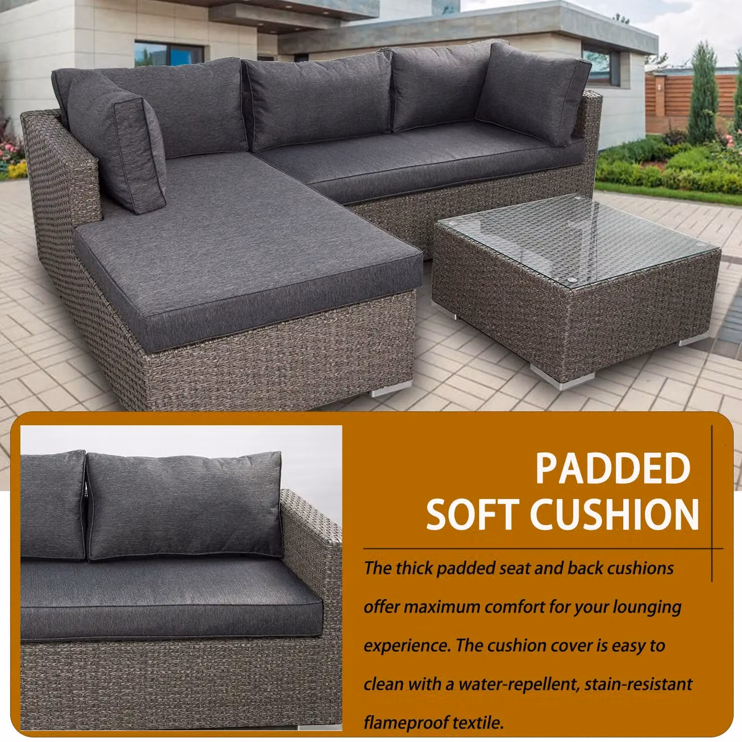 FURNITURE ONE 3 Piece Rattan Garden Corner Sofa Set with 10cm Cushions in Dark Grey – 3