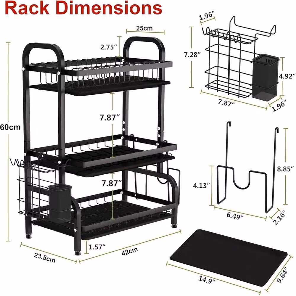 ATEK 3 Tier Black Steel Kitchen Dish Drainer Rack with Cutlery Holder and Cutting Board Holder – 2