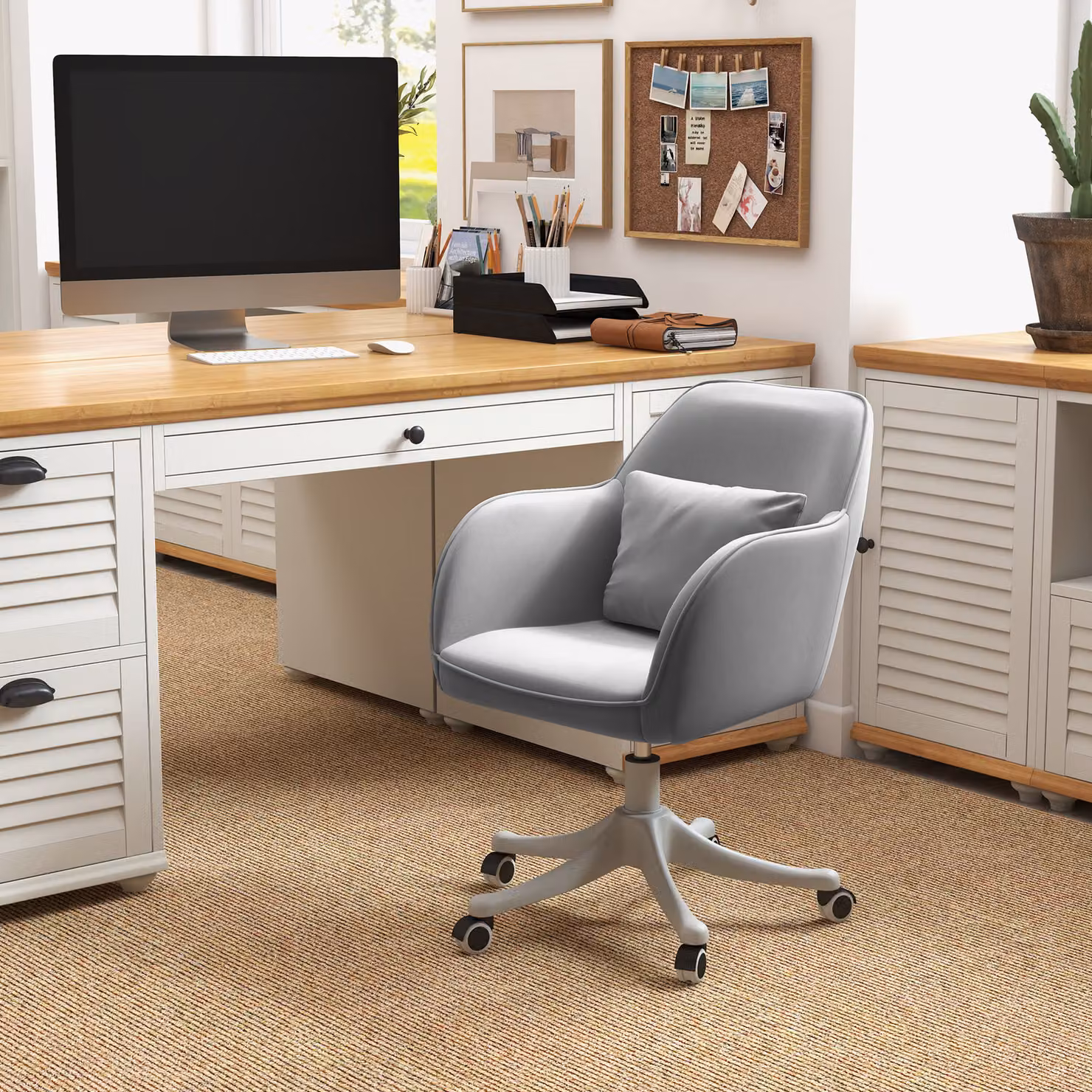 Vinsetto Executive Grey Velvet Desk Chair with Rechargeable Lumbar Massage Pillow – 2