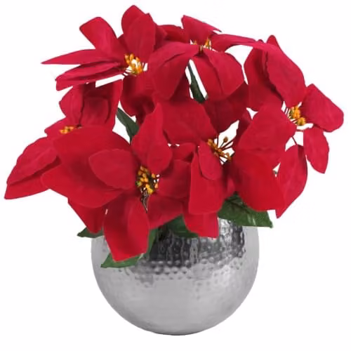 Leaf Red Poinsettia Artificial Christmas Houseplant in Pot with Silver Curved Edges, Height: 40 cm