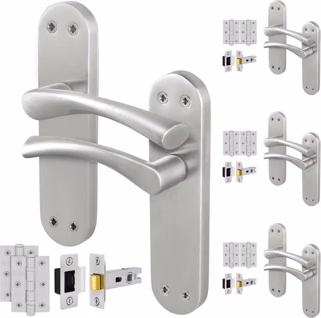 AFIT Satin Nickel Twist Handle Latch Hinges and Novi Backplates, 4 Pairs, Silver, H x W: 15.0 x 15.0 cm