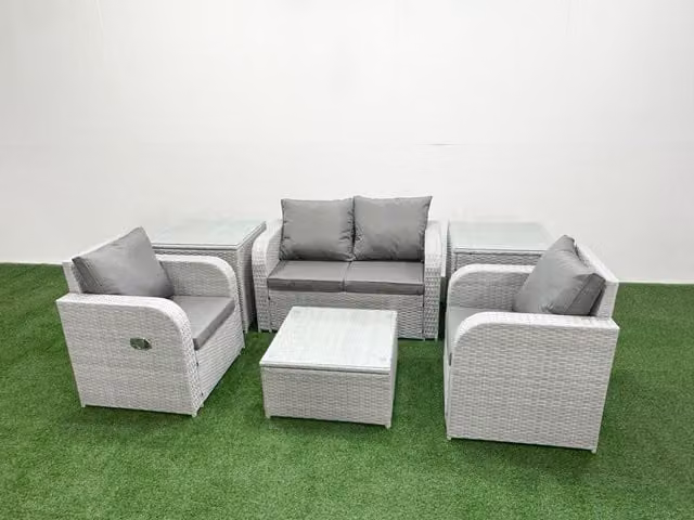 Fimous 4 Seater Grey PE Wicker Rattan Garden Furniture Set with 2 Seater Sofa, Reclining Armchairs, Coffee Table and 2 Side Tables