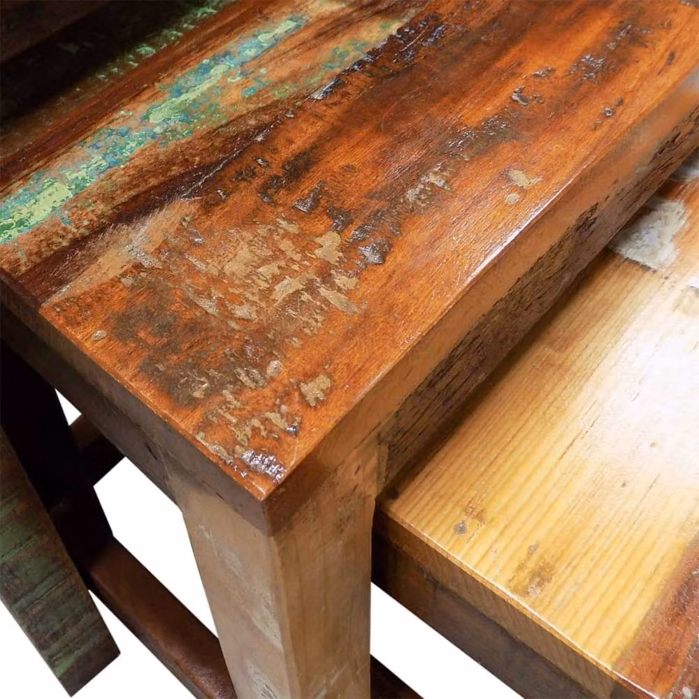 Berkfield Home 3 Piece Nesting Table Set in Vintage Brown Waxed Reclaimed Wood – 4