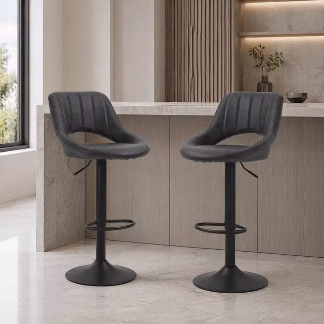 STILVORA Set of 2 Modern Grey Synthetic Leather Bar Stools with 360 Degree Swivel and Adjustable Height