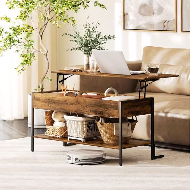 HOMCOM Lift Top Coffee Table with Storage Shelf in Rustic Brown and Black