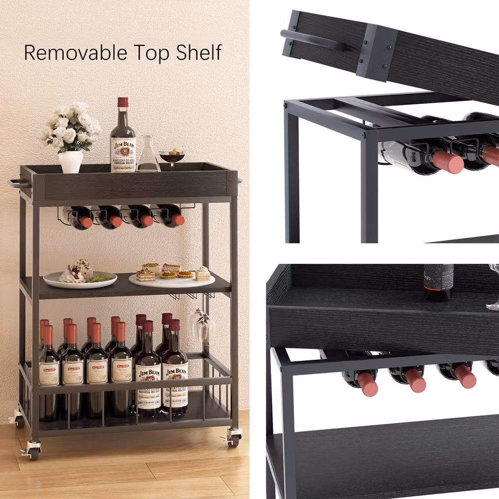 Huhote 3-Tier Bar Cart with Wine Rack and Handle Serving Trolley, Black – 6