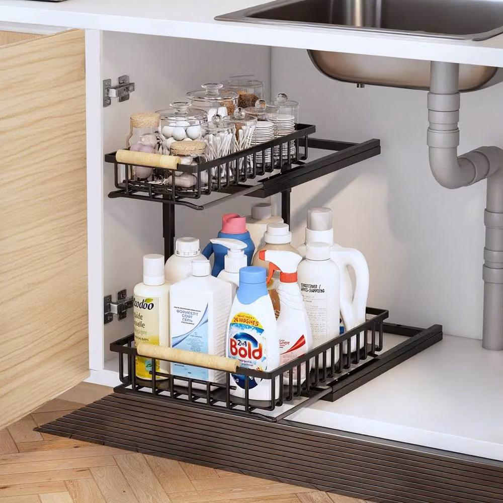 Voltico Set of 2 Black Metal Under Sink Pull-Out Basket Storage Organisers – 2