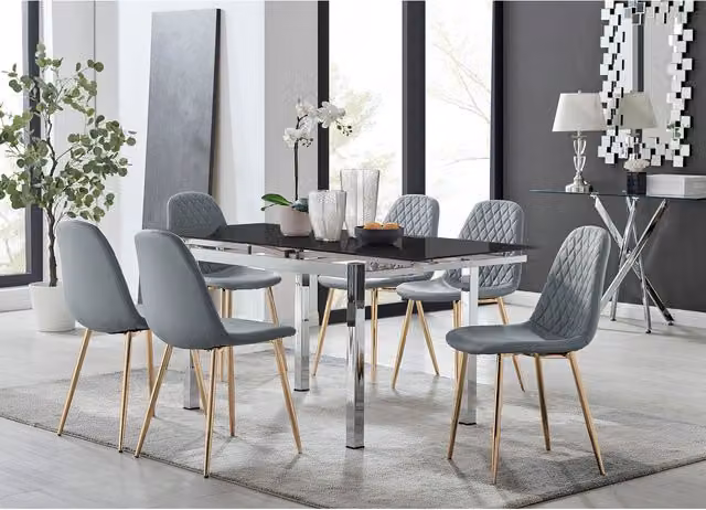 FurnitureboxUK Enna Black Glass Extending Dining Table and 6 Corona Gold Leg Chairs in Grey