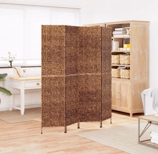 Berkfield Home 4-Panel Room Divider in Brown Water Hyacinth and Rattan, H: 180 cm x W: 163 cm