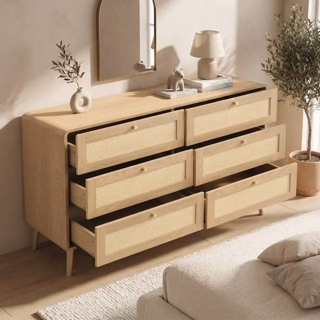Merax 6 Drawer Chest of Drawers in Natural Oak Effect with Rattan Fronts, W/D/H: 120 x 40 x 80 cm – 1
