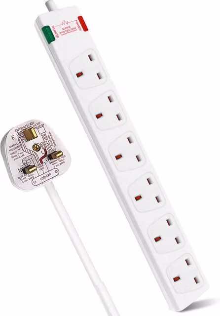 ExtraStar 6 Gang Surge-Protected Extension Lead, White, 1m
