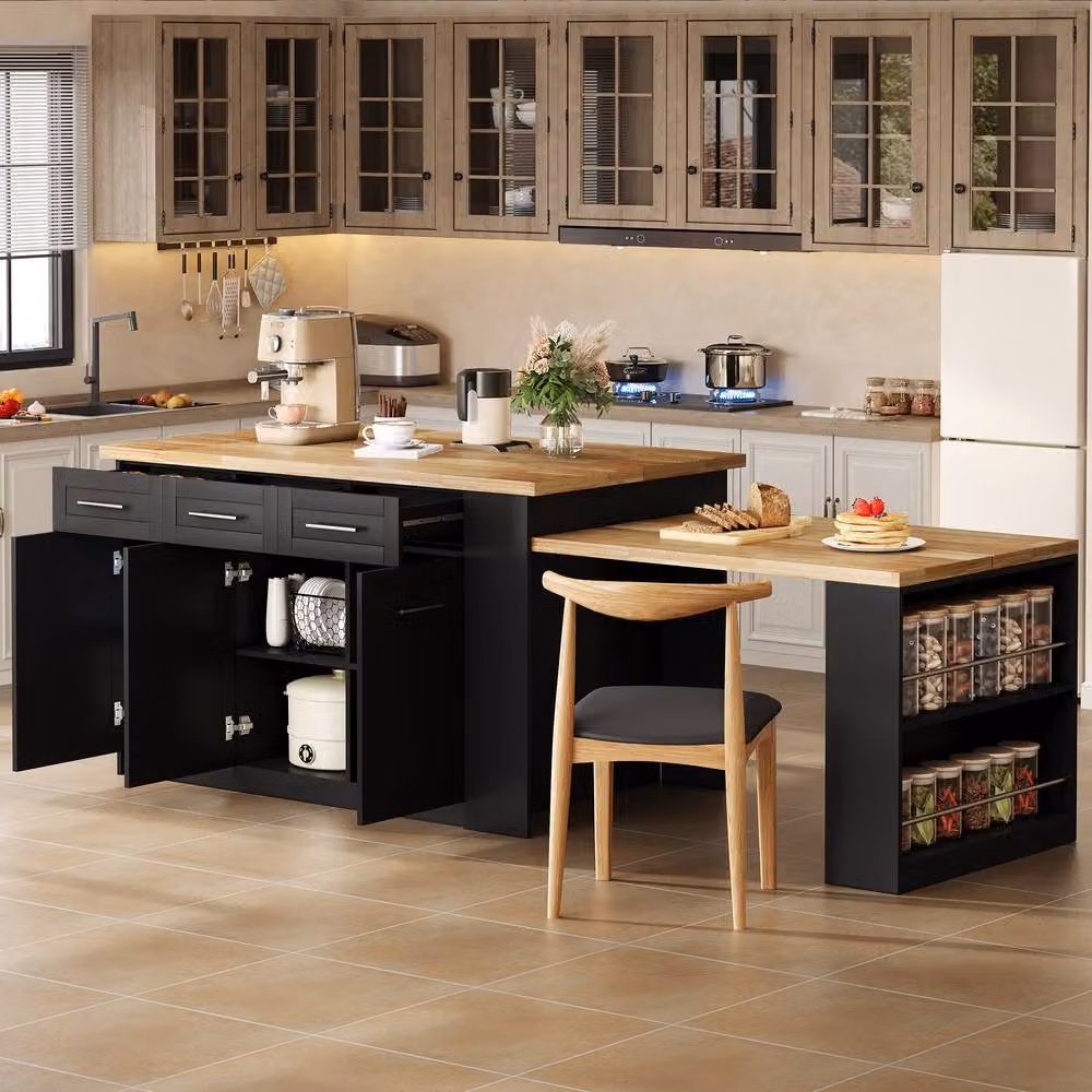 Merax Kitchen Island with Extendable Dining Table and Wood Effect Top in Black, W/D/H: 150 x 90 x 90 cm – 8