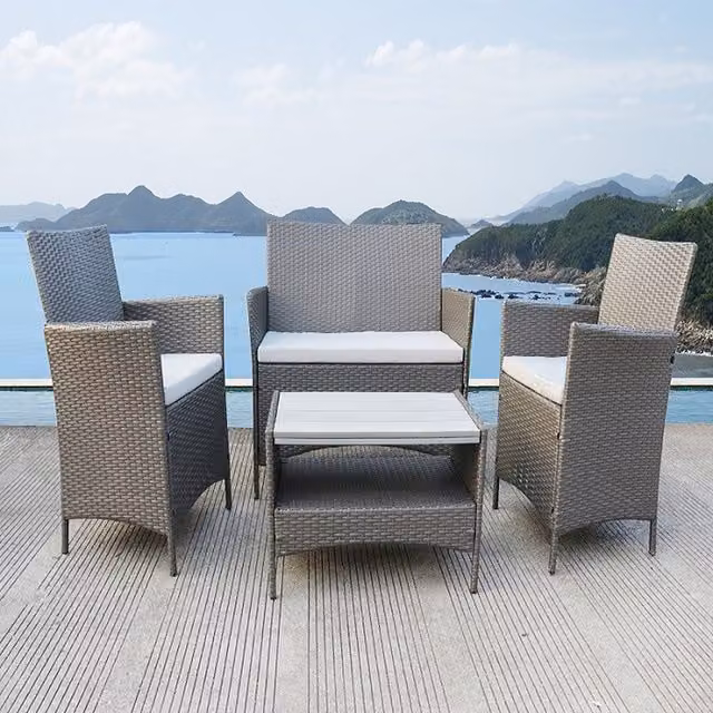 GRS Tacoma 4-Piece Modern Rattan Set with Plywood Table in Grey and White
