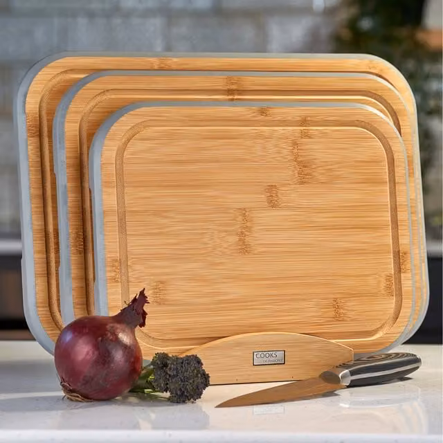 Cooks Professional 3 Piece Bamboo Chopping Board Set with Stand in Grey and Brown
