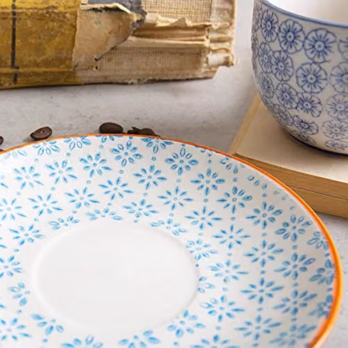 Nicola Spring Blue Floral Hand Printed Stoneware Cappuccino Saucers, Pack of 12, Diameter: 14.5 cm – 3