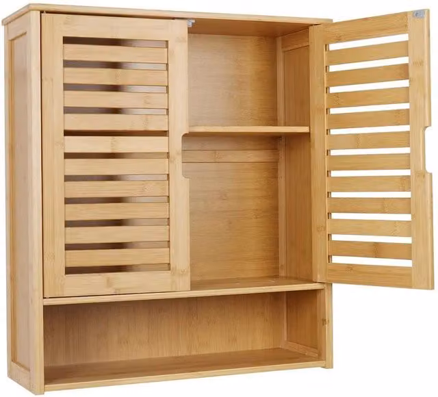 Kelvenix 3-Tier Bamboo Wall Cabinet for Bathroom and Kitchen in Brown, W: 60 cm, H: 65 cm