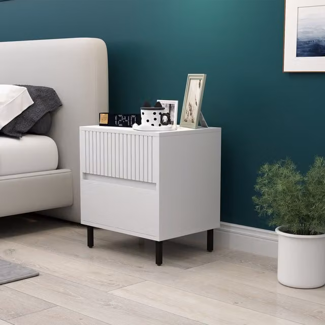 HOMCOM Modern White Bedside Table with 2 Drawers and Metal Legs