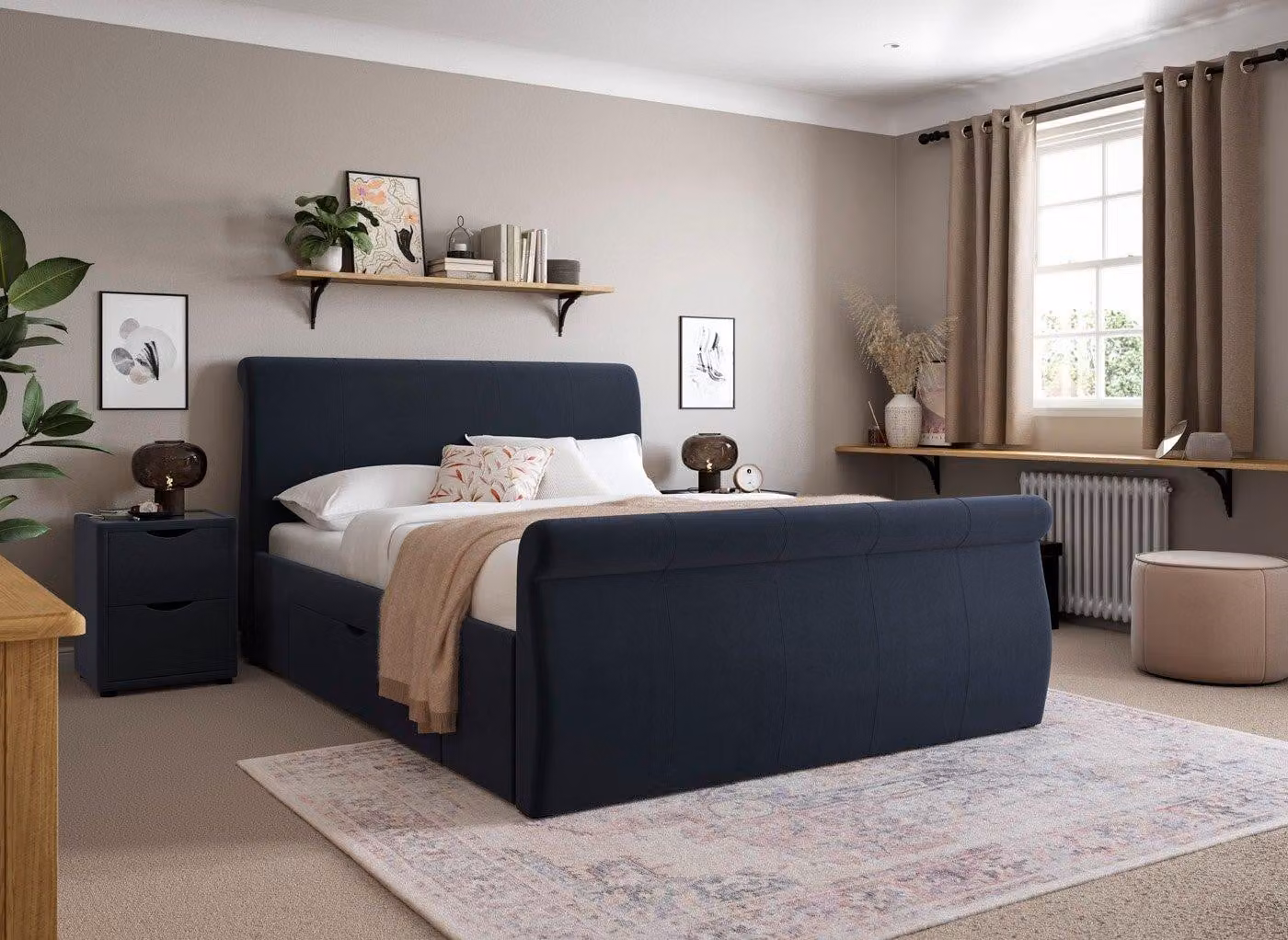 Dreams Lucia Modern Upholstered Bed Frame with Drawers in Blue Fabric