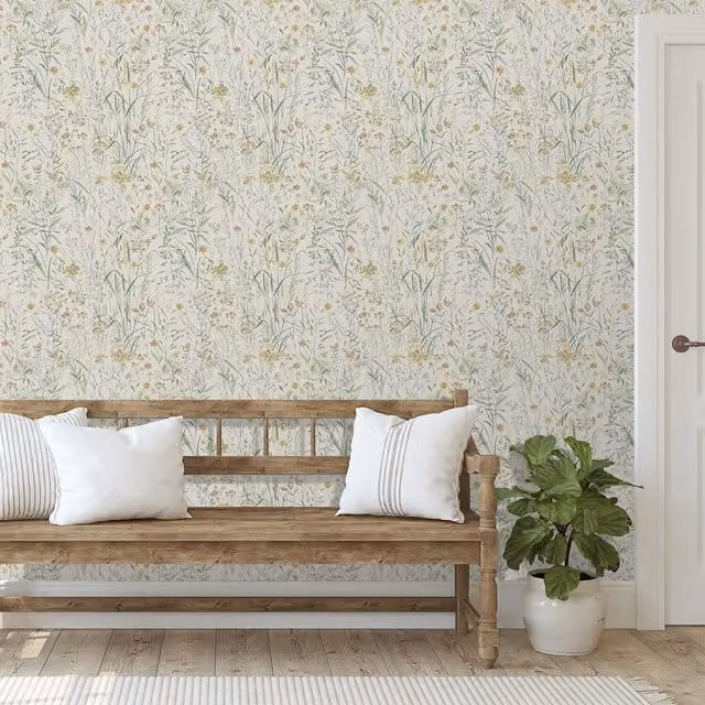 Grandeco Summer Meadow Sprigs Botanical Floral Matt Wallpaper in Green, Blue and Multicolour