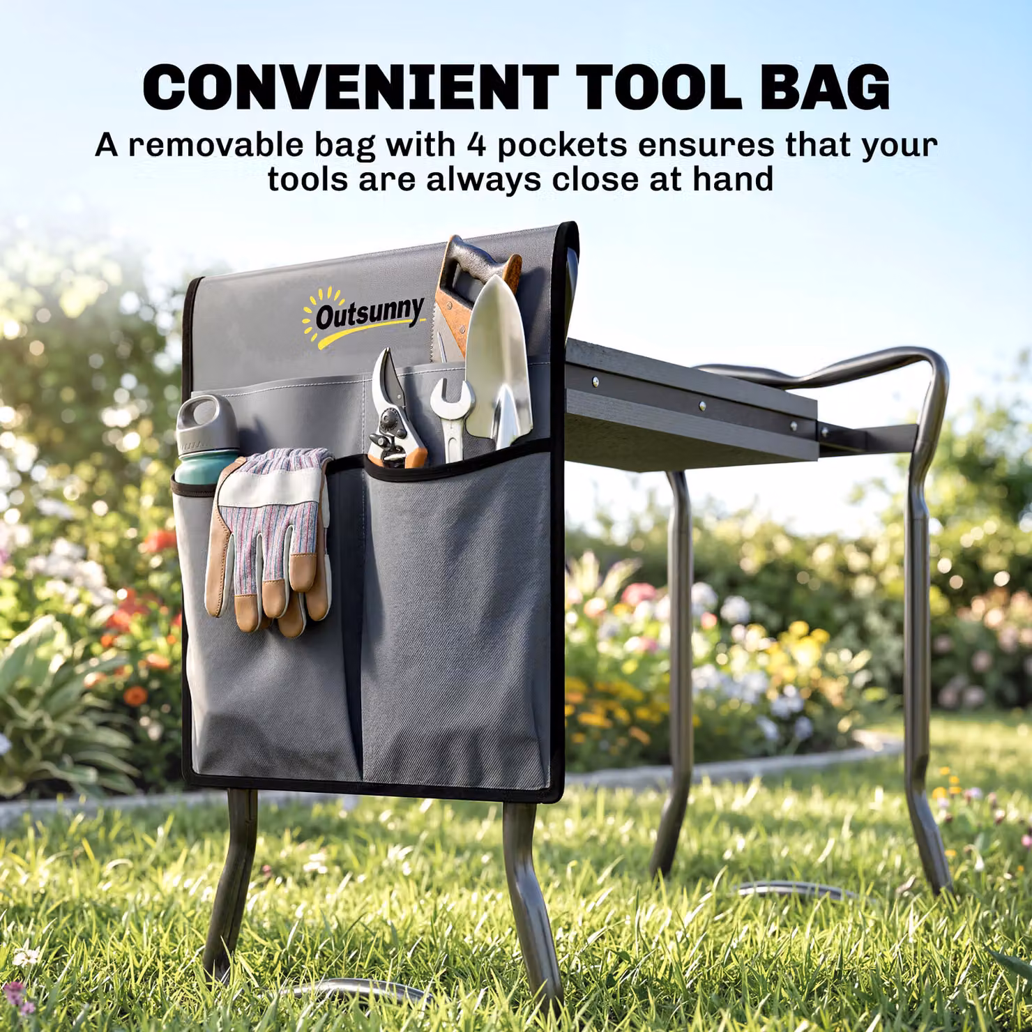 Outsunny 2 in 1 Garden Kneeler Seat and Foldable Kneeling Pad Support Bench with Tool Bag, Grey – 6