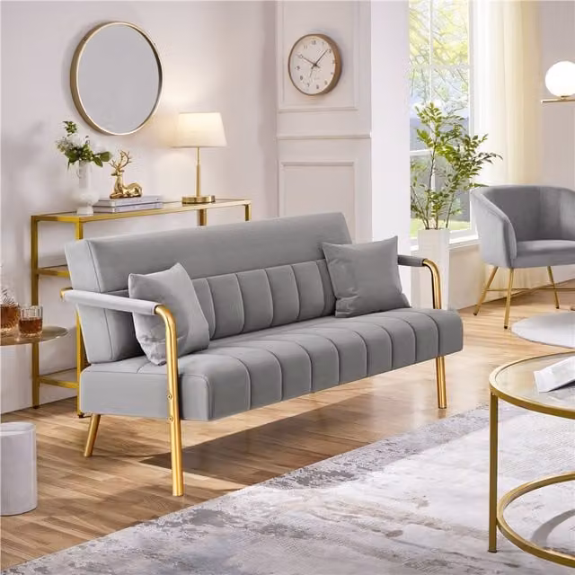 Yaheetech Modern Gold Metal Frame Sofa in Light Grey