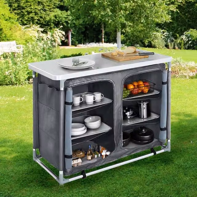 Livingandhome Foldable Camping Kitchen Storage Cabinet with Tabletop in Grey 600D Oxford Fabric