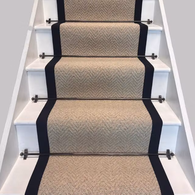 RainbowHome Herringbone Royal Sterling Wool Stair Runner with 100% Cotton Black Border in Beige, W: 60 cm, L: 650 cm