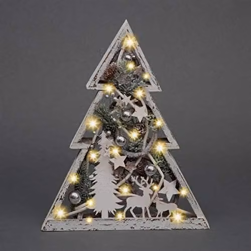 SHATCHI Rustic Wooden Christmas Tree Frame Tabletop Centrepiece with Warm White LED Lights, Pinecones and Baubles in Brown, Silver and White, Height: 43 cm