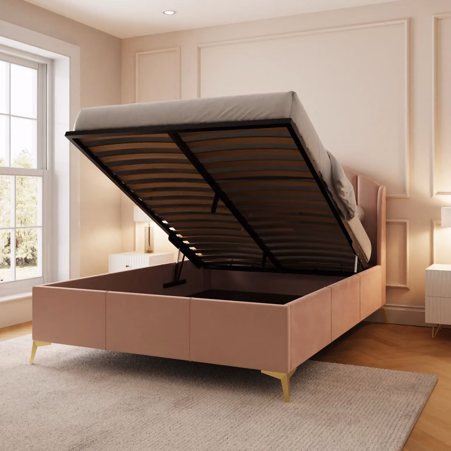 GFW Pettine Pink Velvet Upholstered Ottoman Bed Frame, Double (140 x 200 cm) – 2