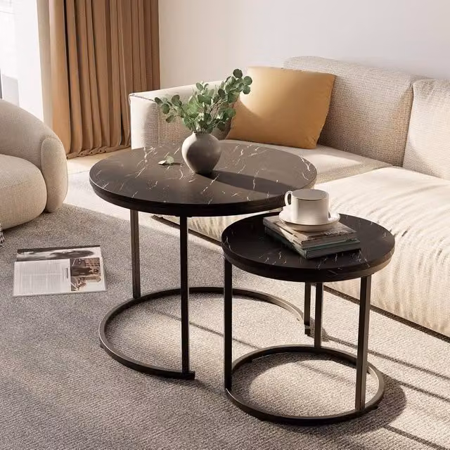 Huhote Set of 2 Round Nesting Coffee and Side Tables with Black Wood and Marble Finish – 1