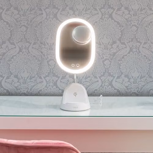 ValueLights LED Tabletop Makeup Mirror in White with Dimmable Touch Control and Wireless Charging – 3
