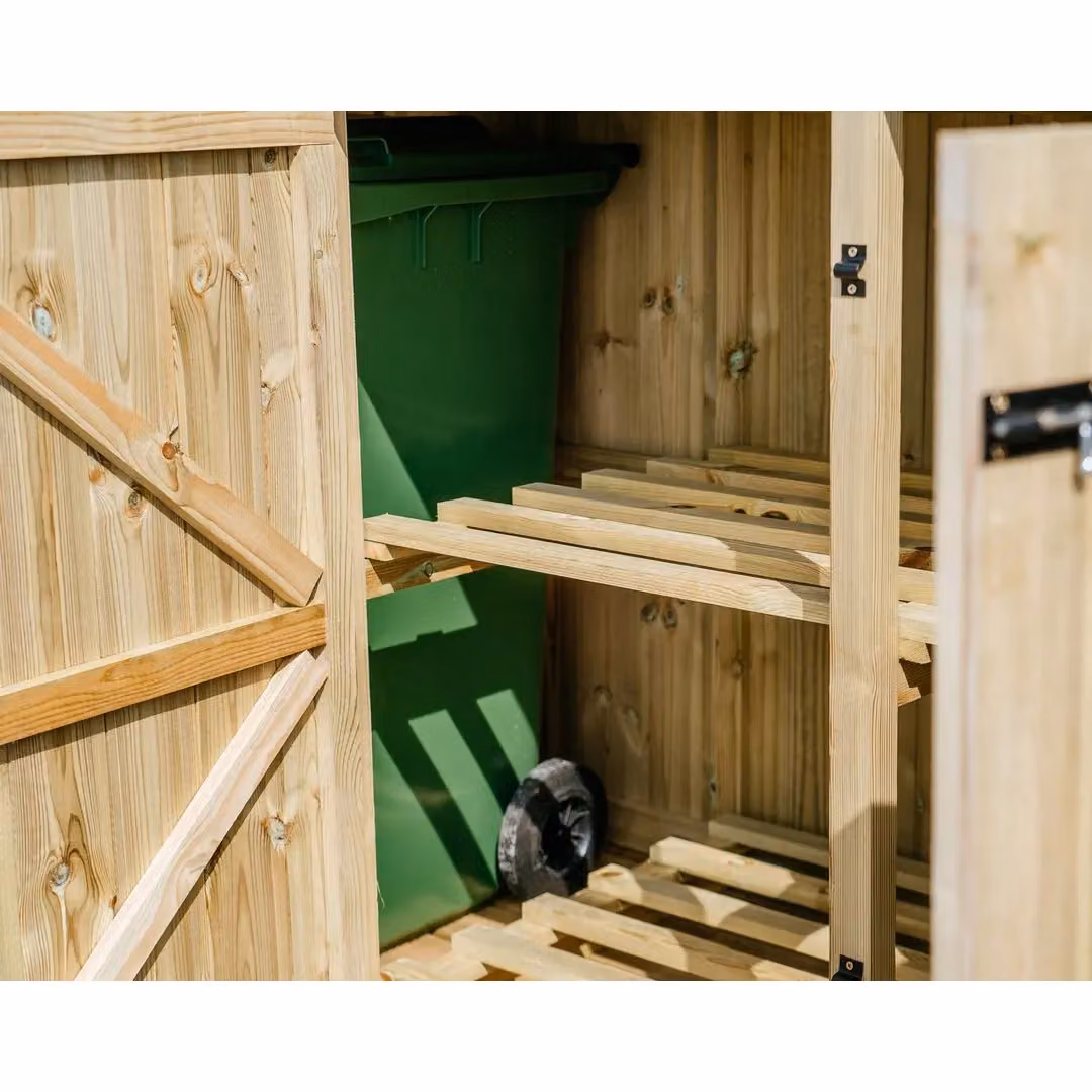 Buttercup Farm Chatburn Brown Wooden Bin Store with Shelving, Fits 1x 180L/240L Wheelie Bins and 6x Boxes, W/D/H: 120 x 80.4 x 123 cm – 5