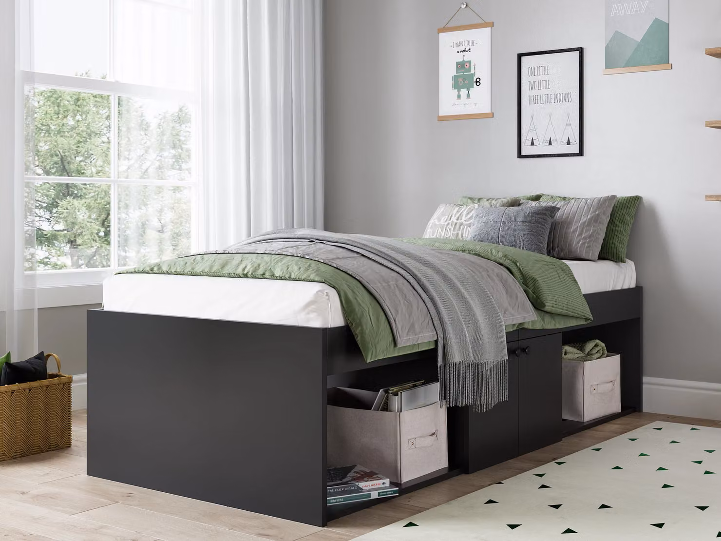 Kidsaw Mid-Height Single Cabin Bed with Side Compartments, Black, W/D/H: 90 x 190 cm – 2