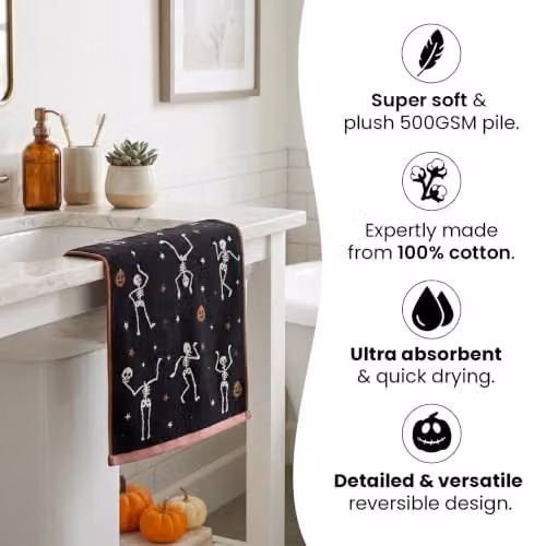 Odyssey Collection Pack of 2 Halloween Hand Towels, Skeletons, Black, W: 50 cm x H: 80 cm – 3