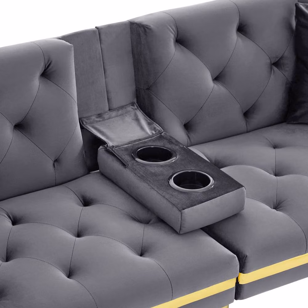 Merax Grey Velvet Sofa Bed with Gold Trim and Fold-Down Cup Holders, W: 174 cm, H: 76 cm, D: 71.5 cm – 8