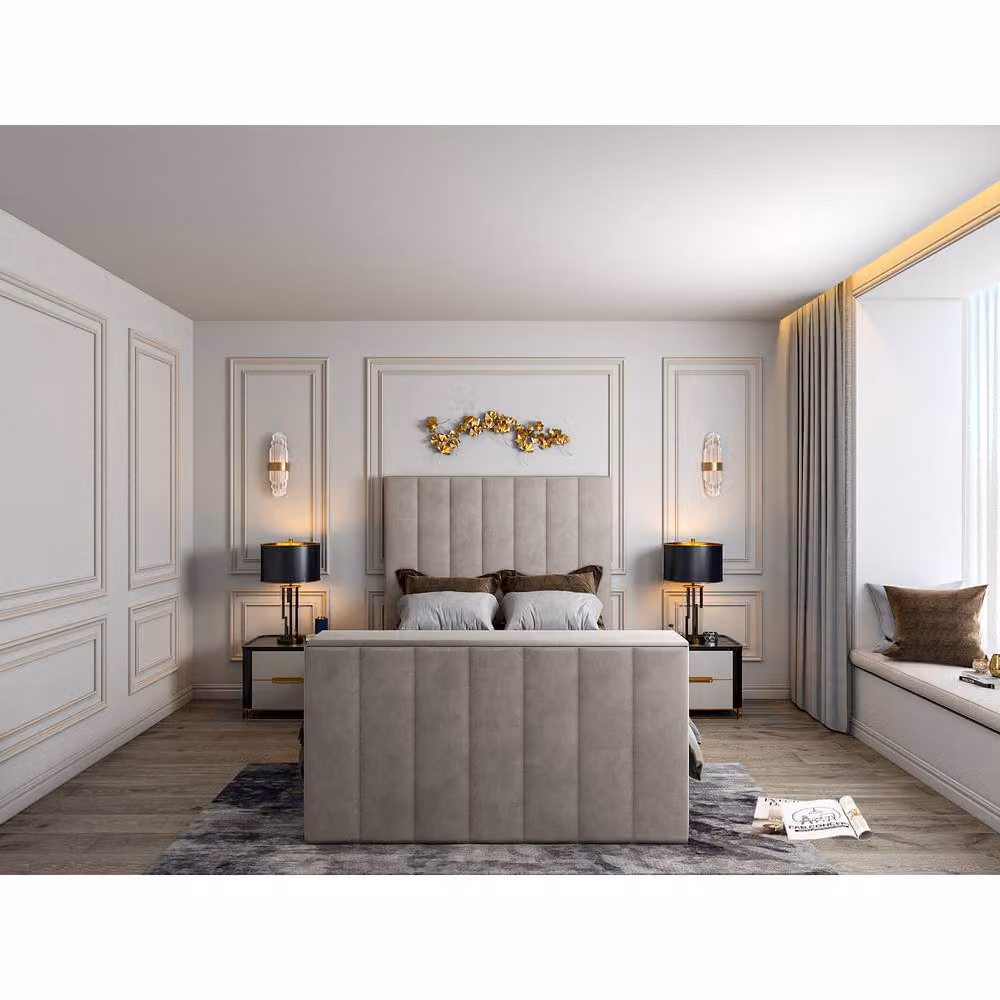 KDMD Vogue Upholstered Soft Velvet Line Pebble TV Bespoke Bed Frame in Light Sand, Size: Small Double (W/D/H: 120 x 200 x 152 cm) – 2