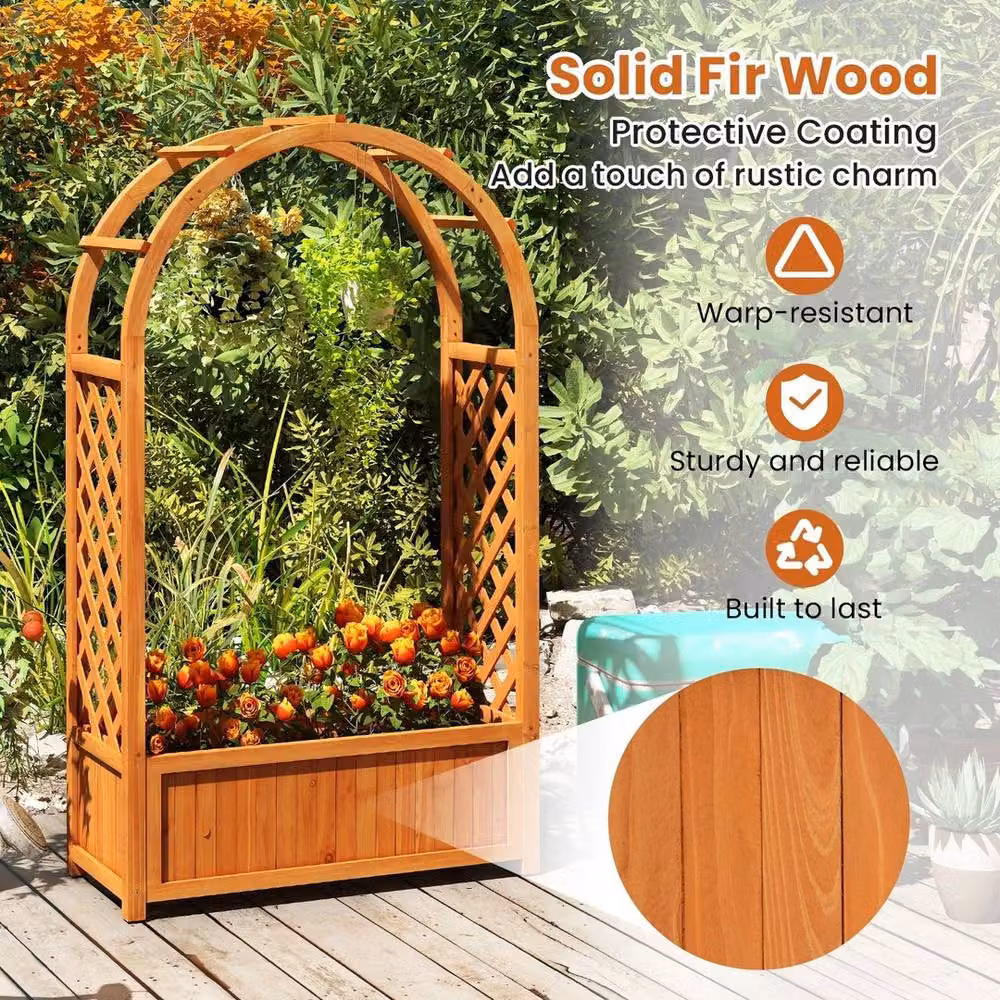 NESTLUNE Wooden Raised Garden Bed with Arch Trellis, Brown – 4