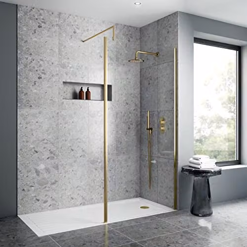 nuie WRSCOBB12 Modern Single Panel Fixed Wetroom Screen with Support Arm, Gold, W: 120 cm, H: 185 cm, D: 8 cm – 3