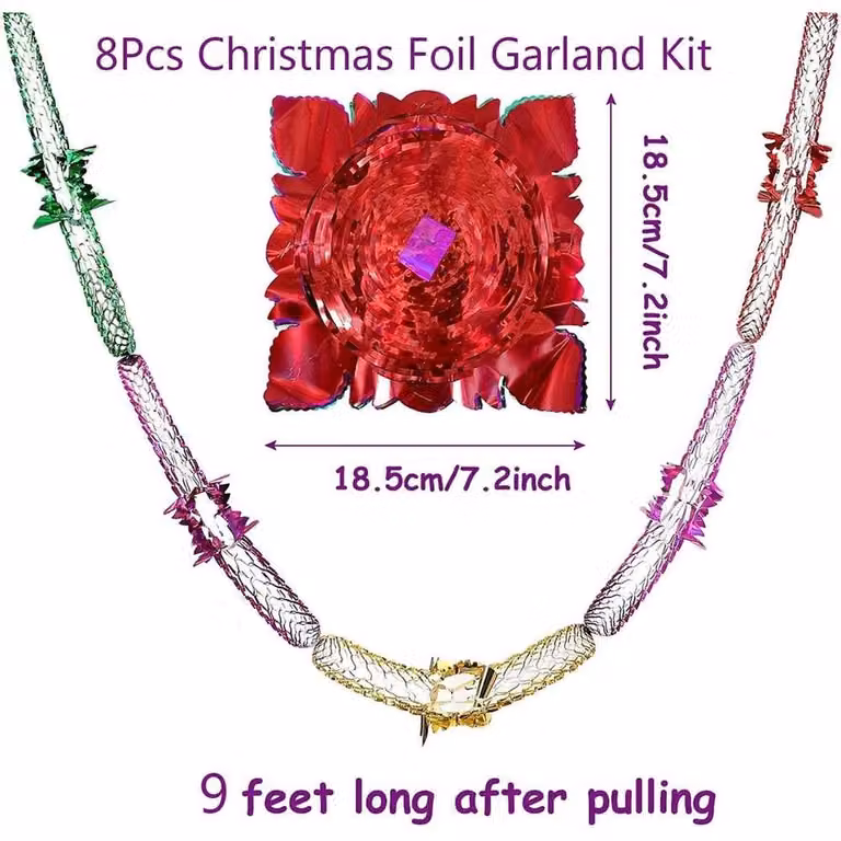FLAVORA 8-Piece Christmas Hanging Foil Garland Set in Red, Green, Gold and Purple, W/D/H: 100 x 15 x 15 cm