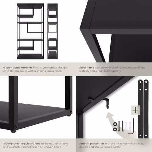 tectake Modern Shelving Unit with 7 Adjustable Shelves in Black, H 188 x W 85 x D 35 cm – 4