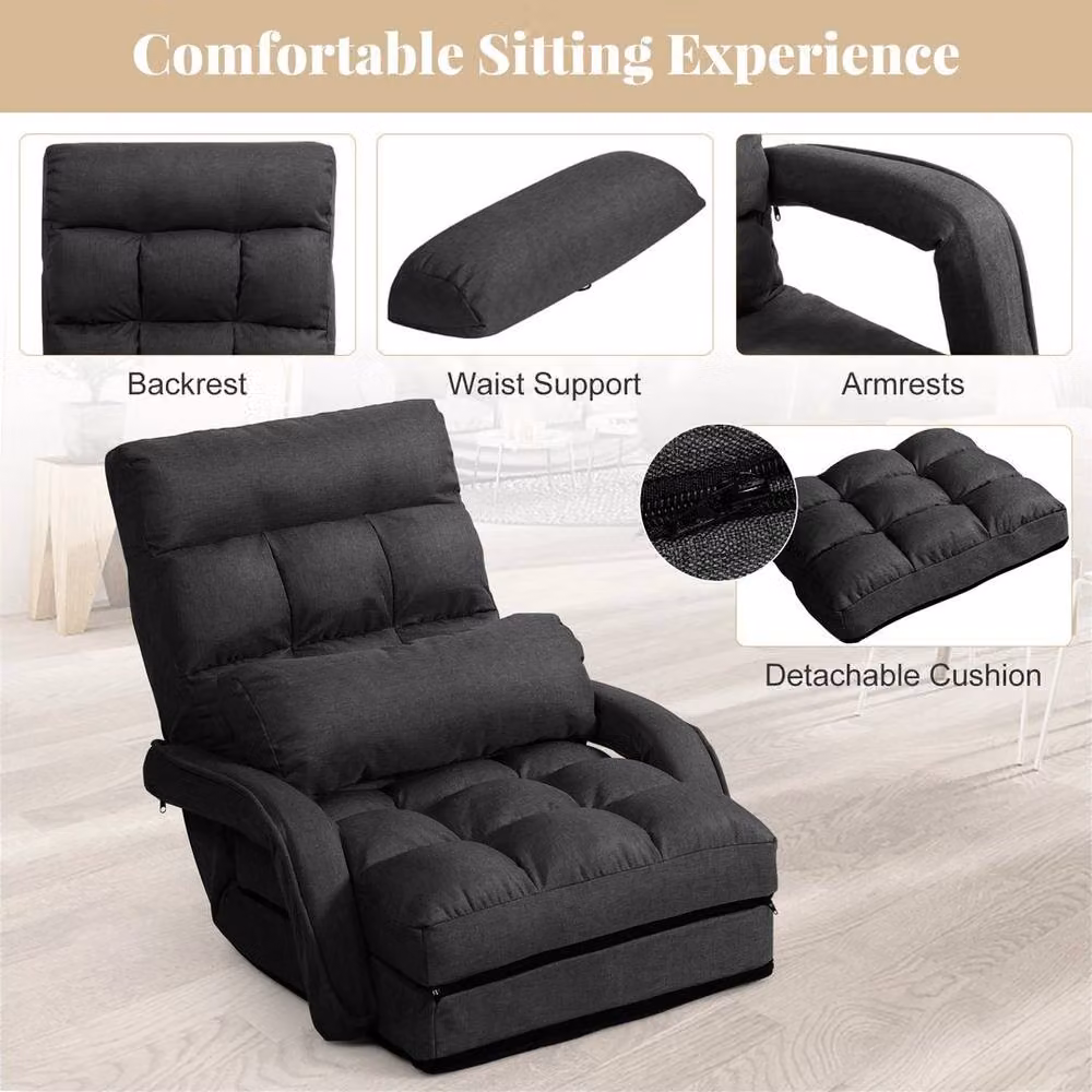 KORVIXA Adjustable Folding Lazy Sofa Floor Chair with Pillow in Dark Grey, W/D/H: 100 x 100 x 100 cm – 5