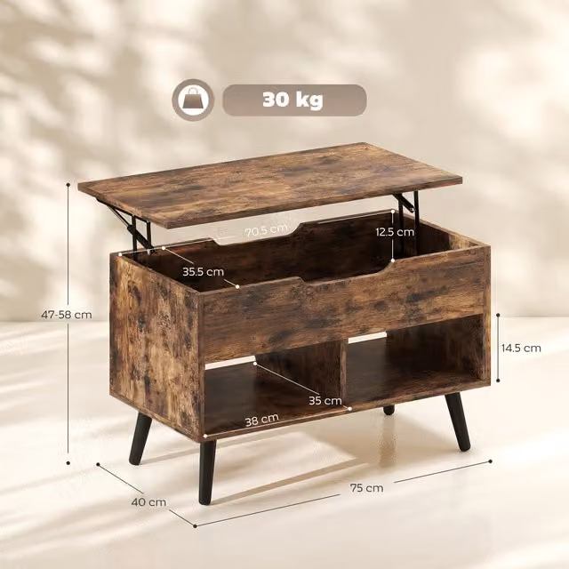 HOMCOM Industrial Lift Top Coffee Table with Hidden Storage in Rustic Brown