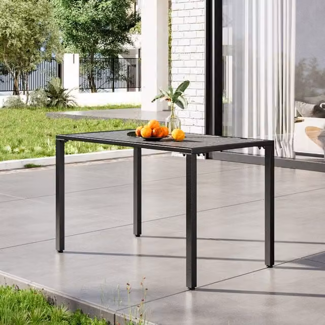 Garden Sanctuary Modern Metal Slatted Garden Table with Parasol Hole in Grey and Black, Width: 120 cm