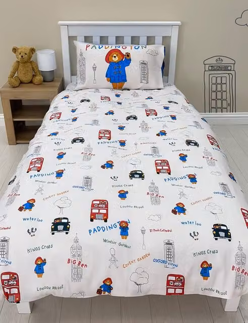M&S Paddington Bear Reversible Childrens Cotton Blend Bedding Set in Blue Multicolour and White Striped Design