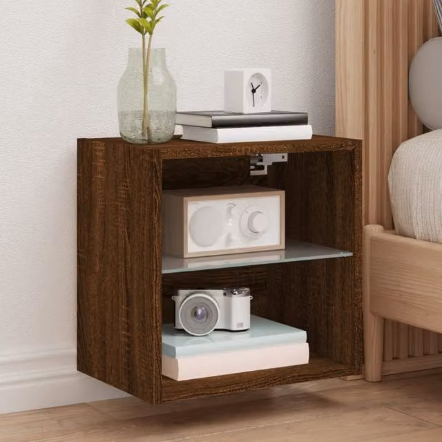 Berkfield Home Set of 2 Wall-mounted Bedside Cabinets with Integrated LED Lights in Brown Oak – 1