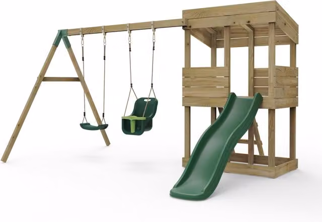 Rebo Brown Wooden Modular Play Tower with Slide, Height: 223 cm