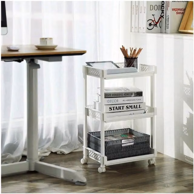 SONGMICS Rolling Trolley with 3 Storage Shelves, White, W: 61.0 cm x D: 36.5 cm x H: 28.0 cm